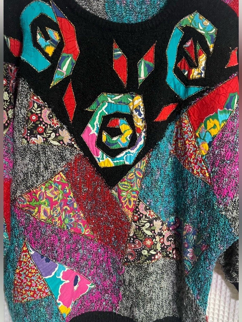 Vtg Mariea Kim Sweater Multicolor Vintage 80s Patchwork Knit Batwing Pullover M - Picture 3 of 12